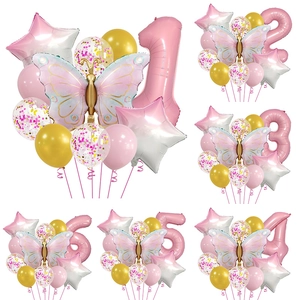 Butterfly Birthday Balloon Decoration Pink Number Aluminum Foil Latex Artificial Pearl Star Confetti Dreamy Girl Party Supplies