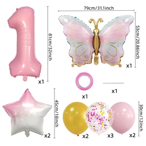 Pink butterfly and number 1 balloon set for girl's first birthday party decoration