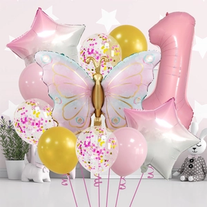 Pink butterfly balloon set with number one for girl's first birthday party decoration
