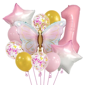Pink and blue butterfly foil balloon set with number one for first birthday party decor