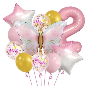 Pink butterfly and number 2 foil balloon set with latex balloons for birthday party decor
