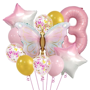 Pink butterfly foil balloon set with number 3 and gold star balloons for 3rd birthday party
