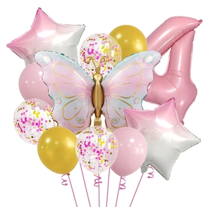 Detail view of pink butterfly and number 4 foil balloons with star and confetti latex sets