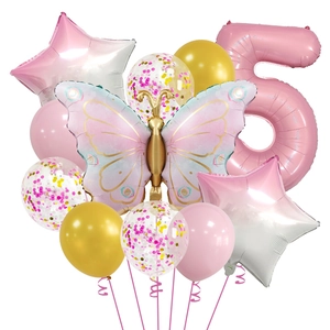 Pink butterfly and number 5 foil balloon set for 5th birthday party decoration and photos