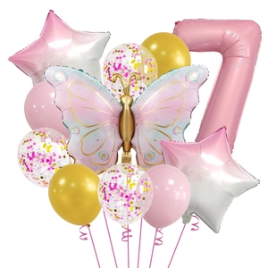 Detail of pink butterfly balloon set with number 7 and star foil balloons for party