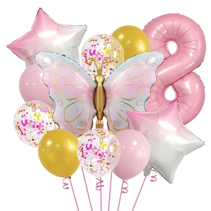 Detail of pink butterfly and number 8 foil balloons for girl 8th birthday party decor