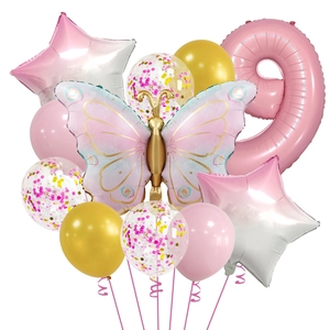 Detail of pink butterfly and number 9 foil balloon set for girl birthday party decor
