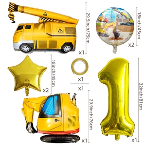 Baustellen-Kindergeburtstag Set mit Bagger Kran und goldener Nummer eins Ballons
