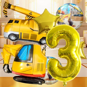 Baustellen-Geburtstagsset mit Bagger-Ballons und goldener Zahl 3 für Kinder