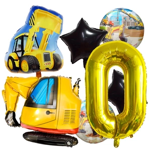 Baustellen Geburtstag Deko Set mit Bagger Bulldozer und Gold Zahl Folienballons