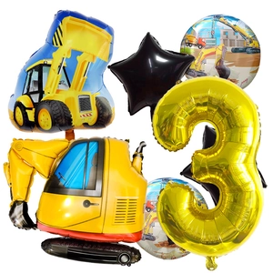Bauparty-Set mit Bagger-Ballons und einer goldenen Zahl 3 Folienballon-Dekoration