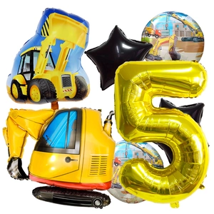 Baustellen Party-Set mit gelben Baggerballons und einer goldenen Zahl 5 aus Folie