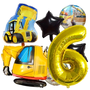 Bausparty-Set mit großen Bagger-Ballons und einem goldenen Luftballon der Zahl Sechs