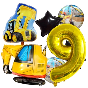 Detailansicht von Zahl 9 Ballon und Bagger-Folienballons für den 9. Kindergeburtstag