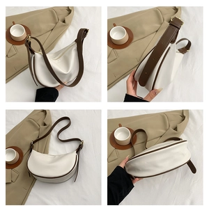 Detailed views of a white crescent shoulder bag with brown adjustable straps and trim
