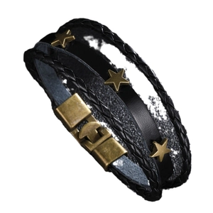 Men's punk braided leather bracelet with bronze star charms and metal clasp