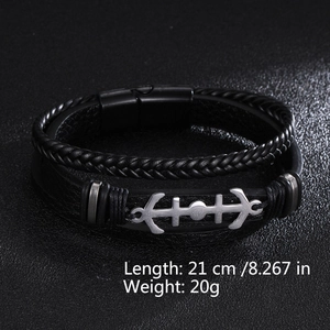 Detail view of 21cm multi-layer black braided leather anchor bracelet with magnetic clasp