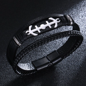 Men Multilayer Braided Leather Bracelet With Stainless Steel Anchor Charm Magnetic Clasp Punk Nautical Style Jewelry