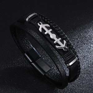 Men's multilayer black braided leather bracelet with silver anchor and magnetic clasp