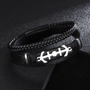 Men's multilayer black braided leather bracelet with silver metal anchor and magnetic clasp