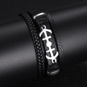 Men's multilayer black braided leather anchor bracelet with magnetic stainless steel clasp
