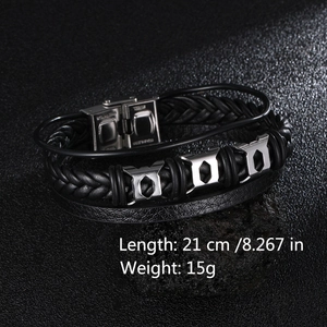 Detail of men's multi-layer black leather bracelet with 21cm length spec and steel clasp