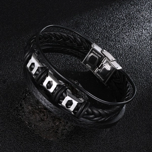 Men's multilayer black braided leather bracelet with stainless steel hex charms and clasp