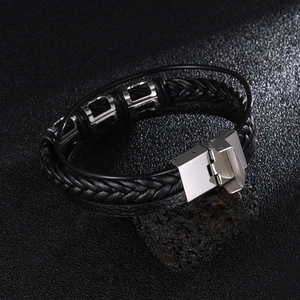 Men's multilayer black braided leather bracelet with stainless steel clasp and rings