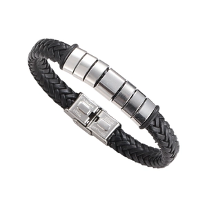 Men's black braided leather bracelet with stainless steel beads on white background