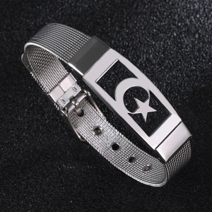 Adjustable silver mesh stainless steel bracelet featuring hollow star and moon motif plate