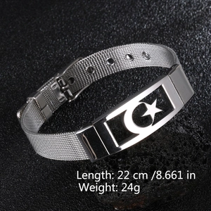 Detail of mesh strap men's bracelet with moon star charm and 22cm length mark