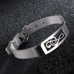 Men's silver stainless steel mesh band bracelet with musical treble clef charm