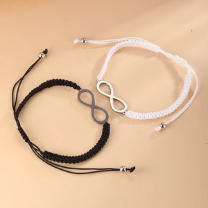 Infinity symbol handmade braided cord couple bracelet set with polished metal accents