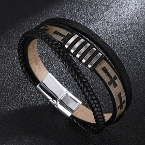 Men's multi-layer braided leather bracelet with cross pattern and silver magnetic buckle