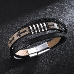 Men Multi Layer Leather Bracelet Braided Rope Cross Pattern Magnetic Clasp Retro Punk Fashion Jewelry Accessory