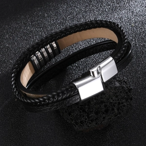 Men's multi-layer black braided leather bracelet with silver magnetic clasp and metal rings