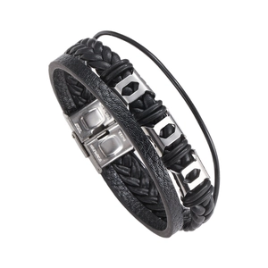 Men's multi-layer black braided leather bracelet with stainless steel magnetic clasp