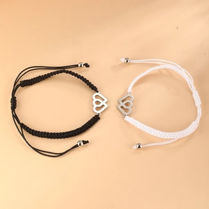 Handmade woven couple bracelets with stainless steel hollow heart in black and white