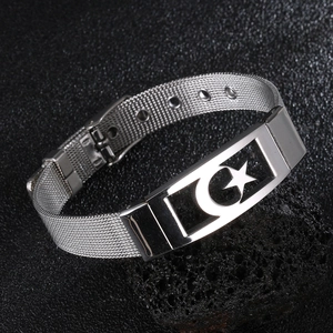 Silver stainless steel mesh bracelet featuring hollow star and moon charms with adjustable buckle