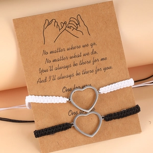 Bracelets En Corde Tissée Avec Pendentif Coeur En Acier Inoxydable Bijoux Faits Main Réglables Pour Couples Et Amis Noir Blanc