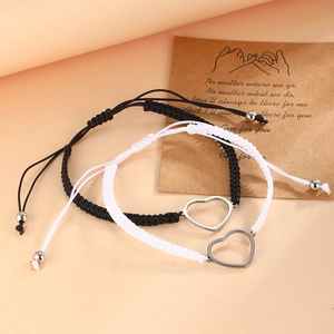 Bracelets tressés ajustables pour couples avec charmes cœur en acier inoxydable noir et blanc