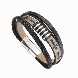 Men's multi-layer leather bracelet with cross pattern and silver magnetic clasp