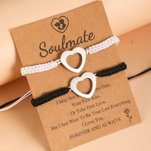 Couple Braided Rope Bracelets With Stainless Steel Heart Charm Adjustable Jewelry For Lovers Friendship
