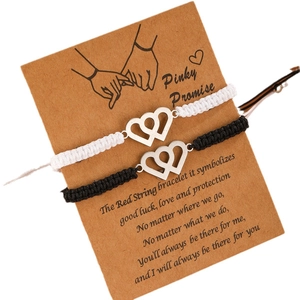 Handmade woven friendship bracelet set with interlocking stainless steel double hearts