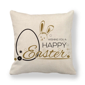 Federa per cuscino pasquale in lino con coniglio dorato e testo Happy Easter su sfondo bianco