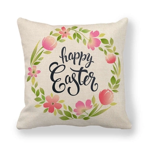 Detailed view of linen pillowcase featuring happy Easter floral wreath pattern
