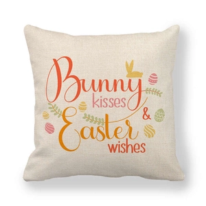 Detail of Easter linen pillowcase with bunny silhouette and colorful egg pattern
