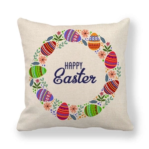 Linen Easter cushion cover with colorful floral egg wreath and Happy Easter text