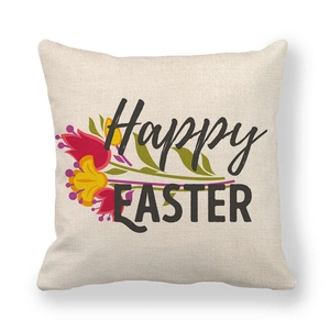 Close-up of Happy Easter linen pillowcase showing natural texture and floral pattern