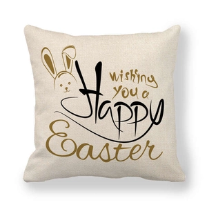 Federa per cuscino pasquale in lino con coniglio e scritta dorata 'Happy Easter'